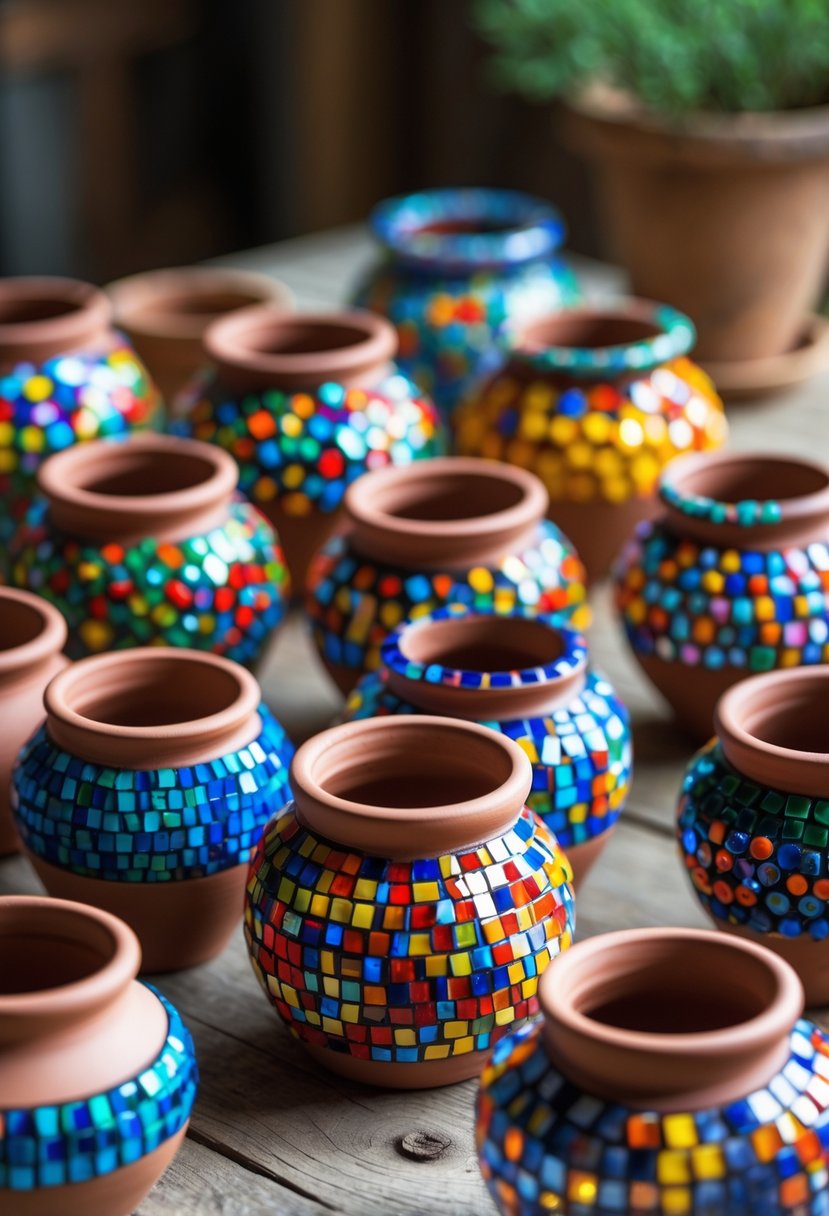 A collection of 15 small clay pots decorated with colorful mosaic tile patterns arranged on a wooden table.