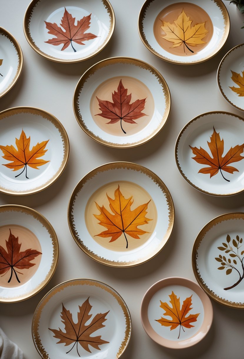 A collection of 15 ceramic plates decorated with colorful autumn leaves and gold trim arranged on a light surface.