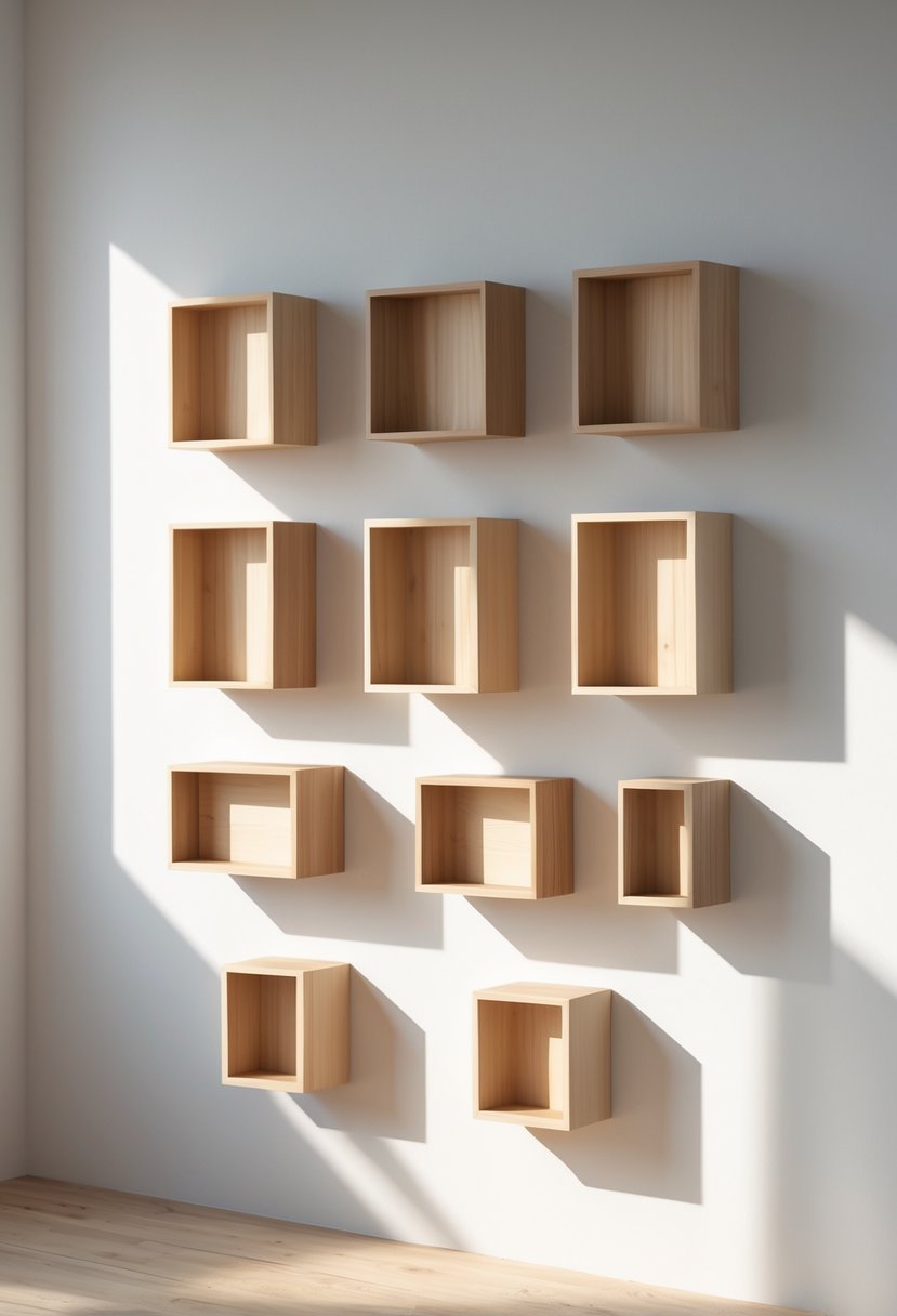 A wall with fifteen wooden boxes of different sizes arranged neatly on a white painted surface, with soft natural light illuminating the scene.