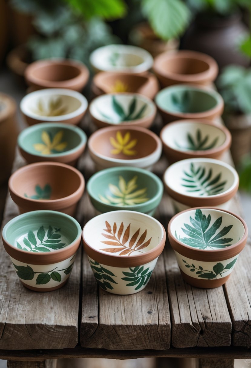 A collection of 15 small clay pots painted with leaf patterns arranged on a wooden surface.