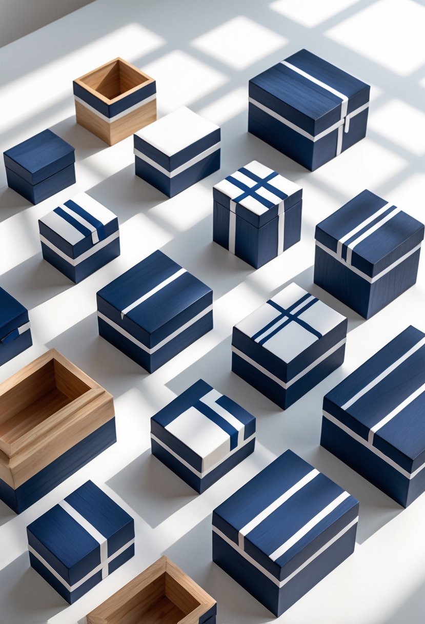 A collection of 15 wooden boxes painted with navy blue and white stripes arranged on a white surface.