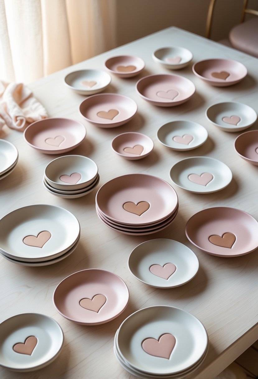 A collection of 15 ceramic plates with simple heart designs in soft pinks arranged on a wooden surface.