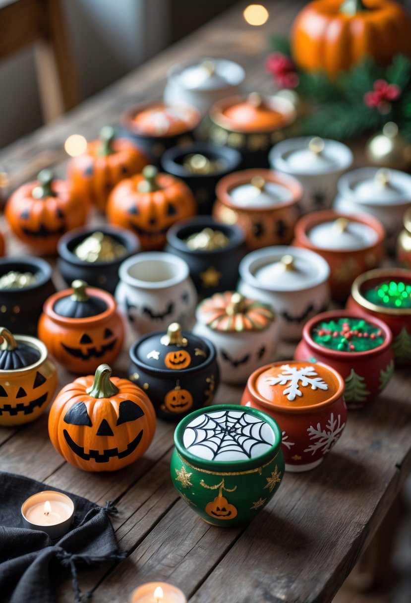 A collection of 15 small clay pots painted with Halloween and Christmas designs arranged on a wooden table.