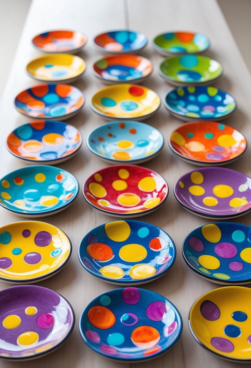 A collection of 15 small ceramic plates with colorful bubble circle designs arranged on a wooden surface.