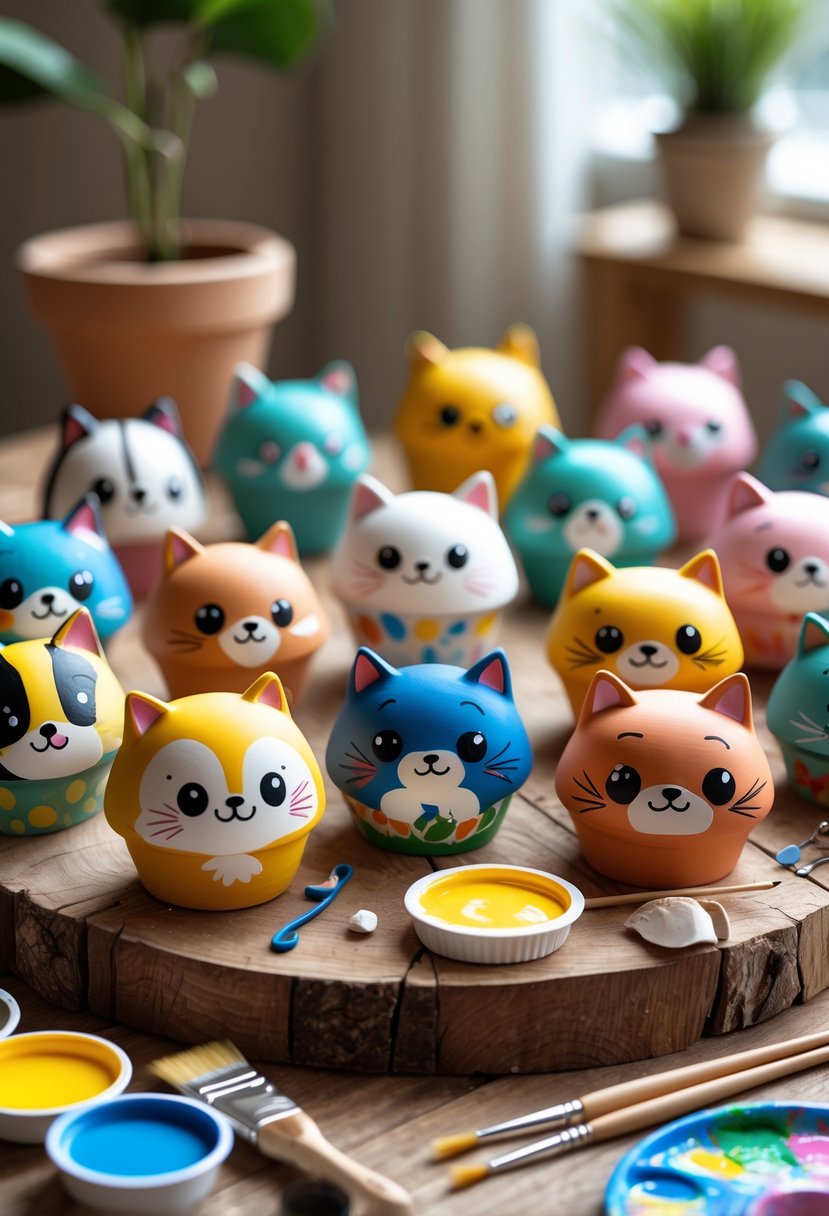 Fifteen colorful clay pots painted with various cute cartoon characters arranged on a wooden table with painting supplies nearby.