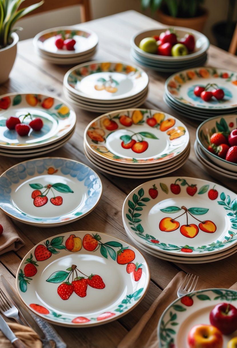 A collection of 15 ceramic plates decorated with colorful illustrations of strawberries and cherries arranged on a wooden table.