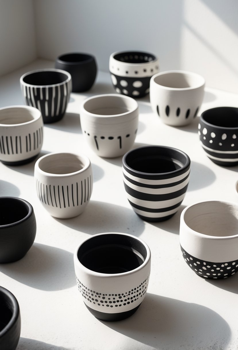 Fifteen small clay pots with different black and white painted patterns arranged on a light surface.