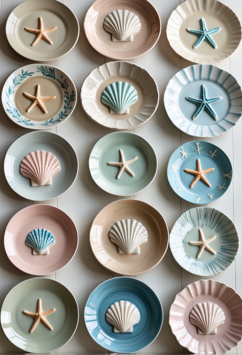 A collection of 15 ceramic plates with painted designs of shells and starfish arranged on a wooden surface.