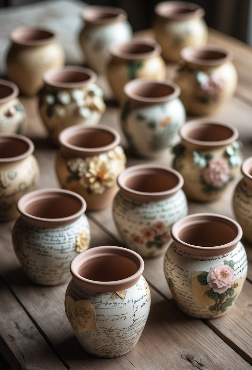 Fifteen small clay pots decorated with vintage paper designs arranged on a wooden table.
