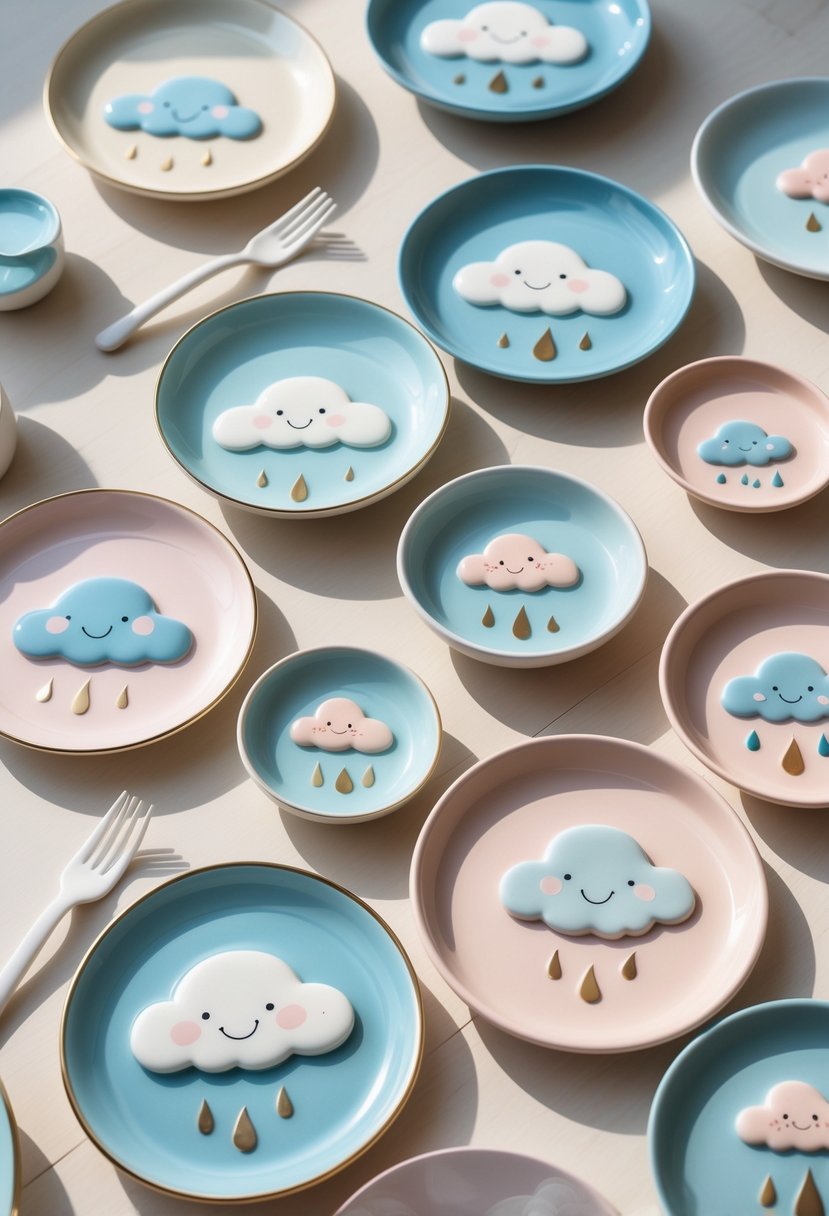 A collection of 15 small ceramic plates painted with clouds and raindrops arranged on a wooden surface.