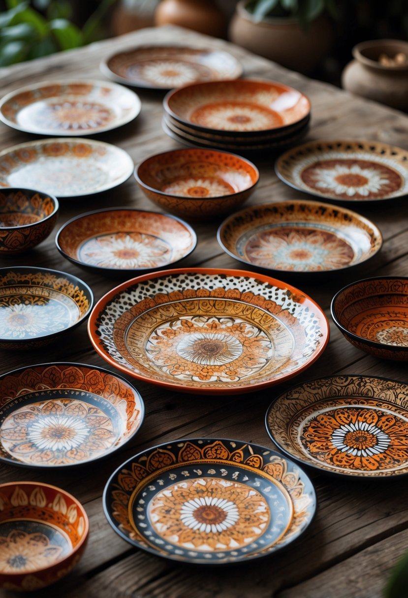 A collection of 15 decorated ceramic plates with intricate patterns arranged on a wooden surface.