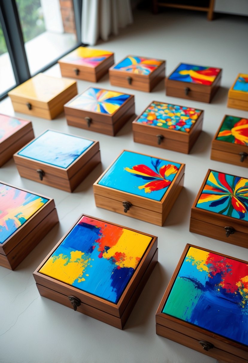 A collection of fifteen colorful wooden boxes with abstract painted designs arranged on a light surface.