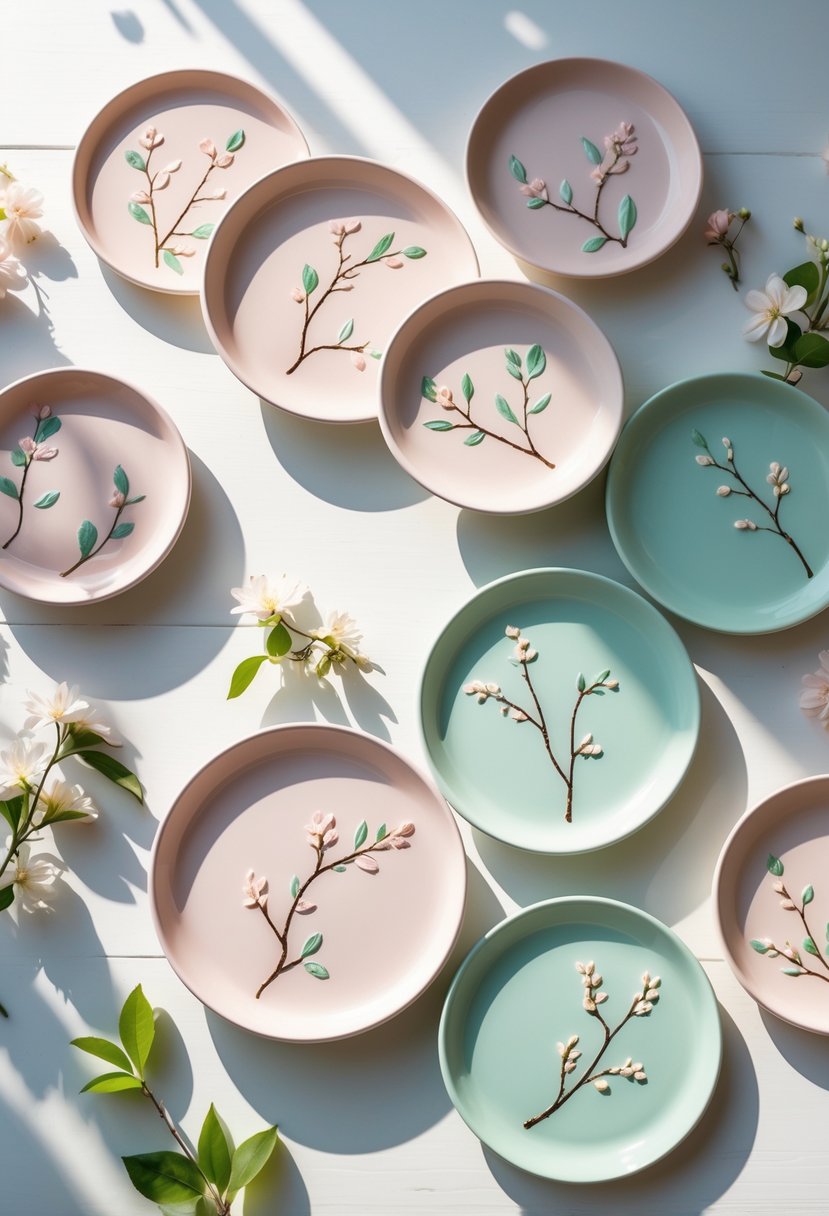 A collection of 15 ceramic plates with hand-painted branches and blossoms arranged on a wooden surface with natural light and small sprigs of flowers nearby.