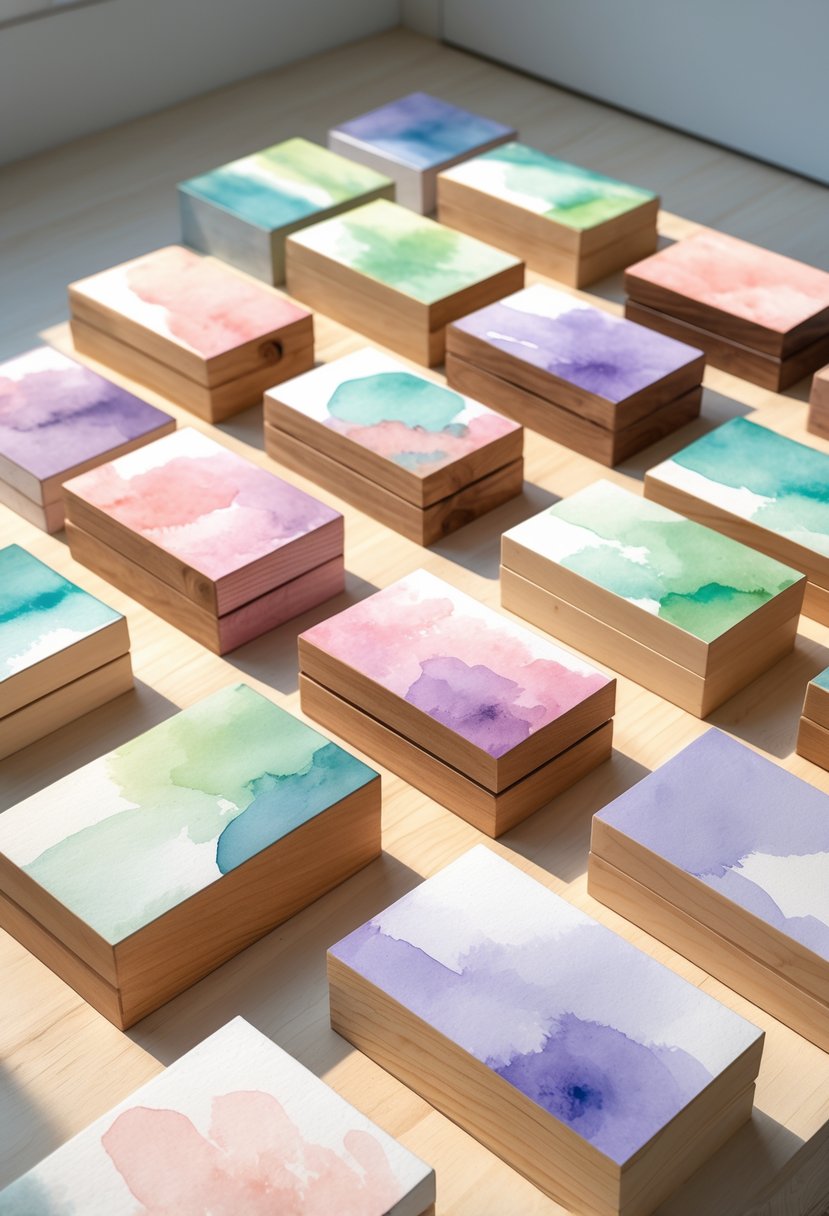 A collection of 15 wooden boxes painted with soft pastel colors arranged on a wooden surface.