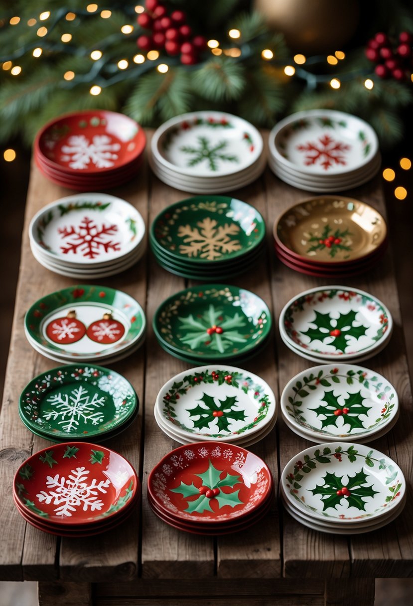 A collection of 15 hand-painted holiday-themed pottery plates with snowflakes and ornaments displayed on a wooden table.