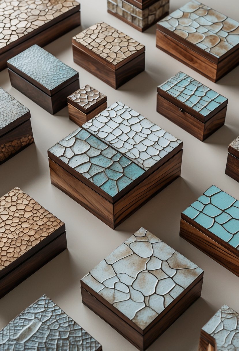 A collection of 15 wooden boxes with textured, crackled paint surfaces arranged on a plain background.