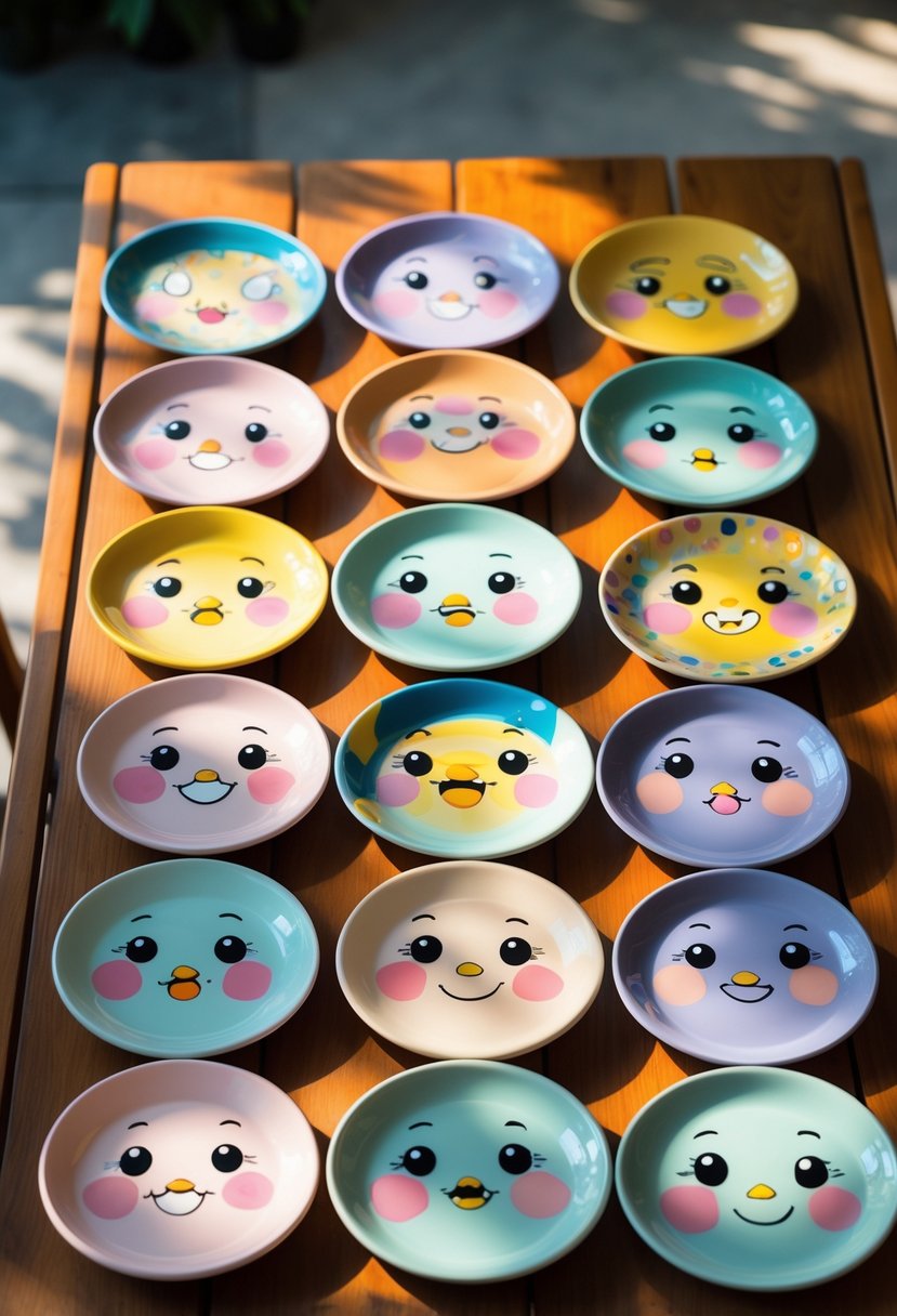 A collection of 15 colorful pottery plates with different cute cartoon faces arranged on a wooden table.