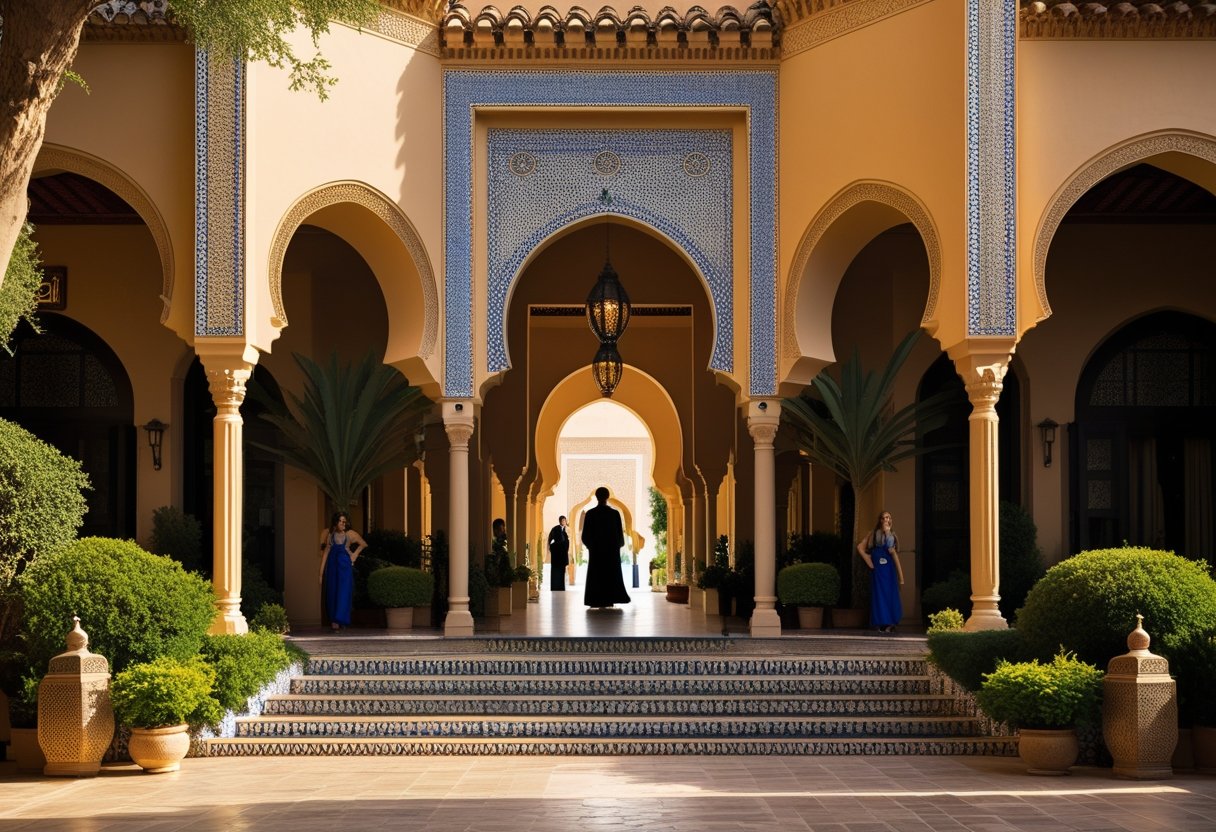 Façade élégante et luxueuse de l'hôtel La Mamounia avec des détails architecturaux marocains et une végétation luxuriante.