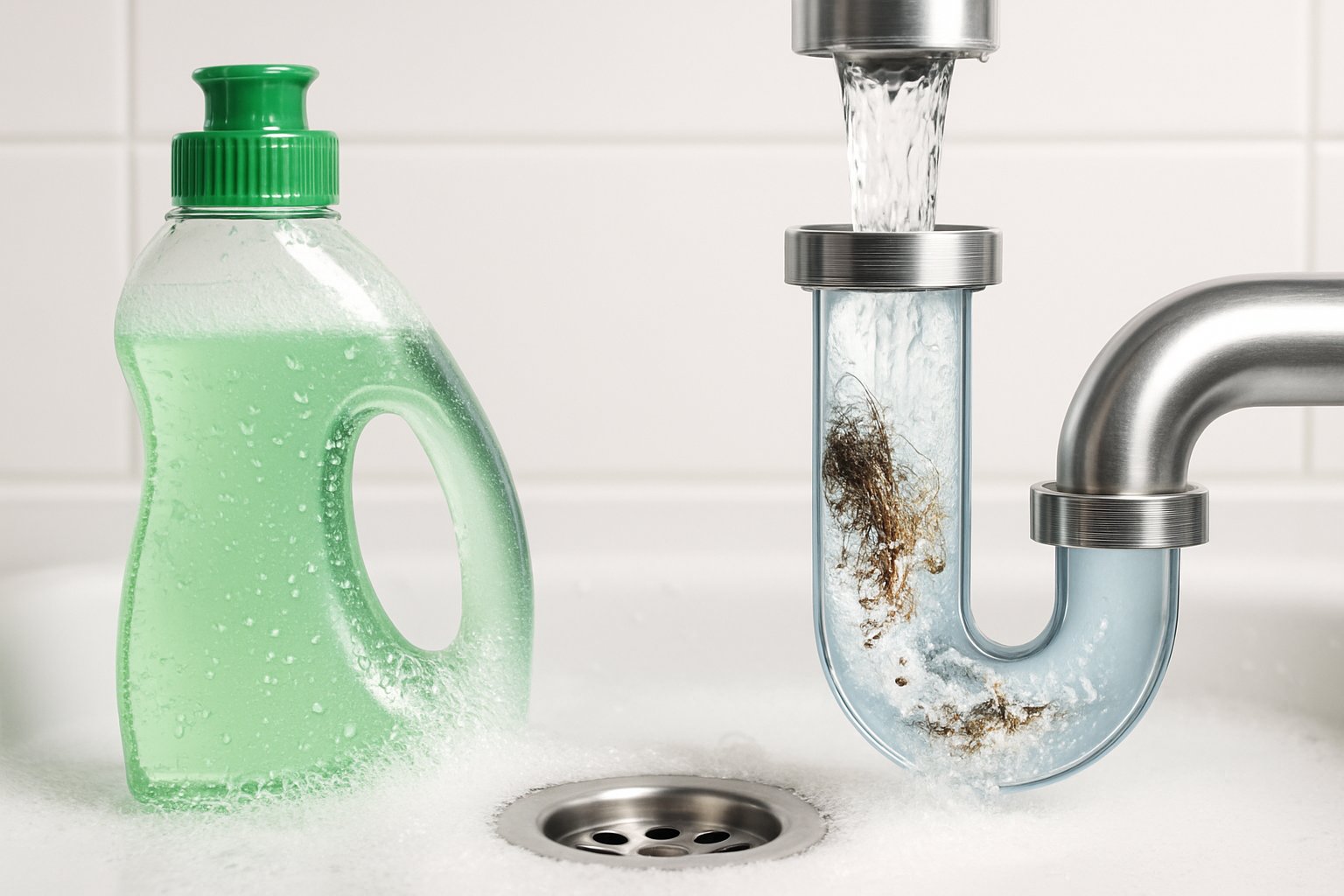 Close-up of a sink drain with hair and soap scum dissolving inside a transparent pipe section, with bubbles and foam around the drain.