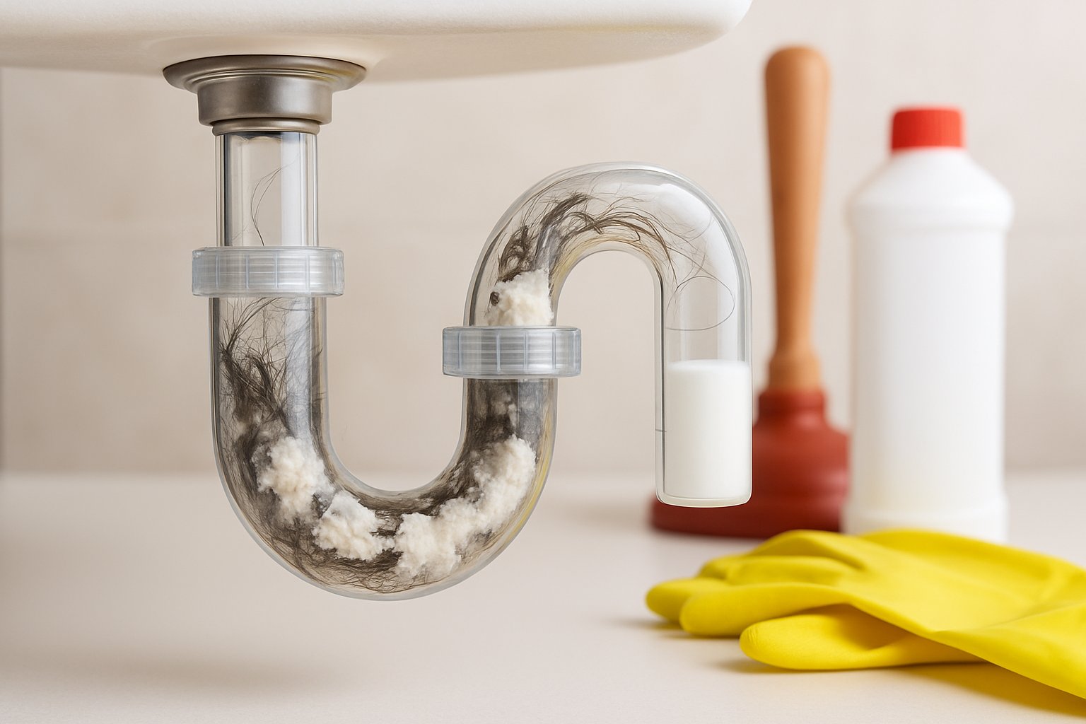 Close-up of bathroom sink drain pipes clogged with hair and soap scum, with cleaning tools nearby on a countertop.
