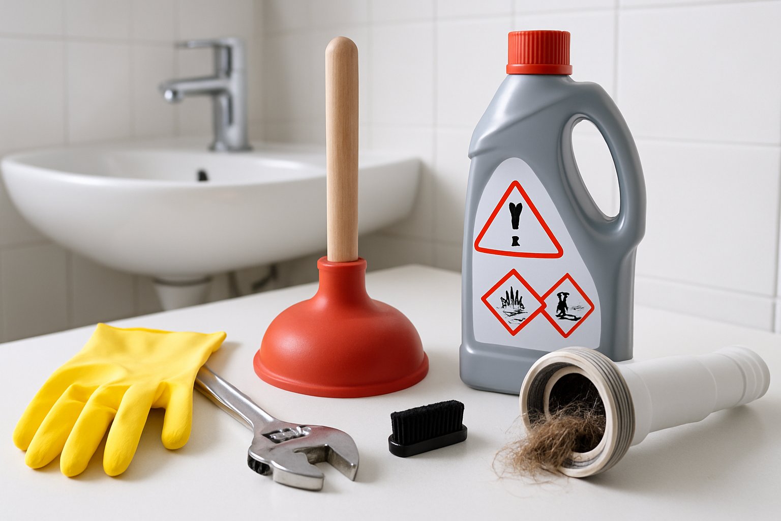 A workspace with plumbing tools, rubber gloves, and a chemical cleaner near a partially disassembled sink drain showing hair and soap scum buildup.