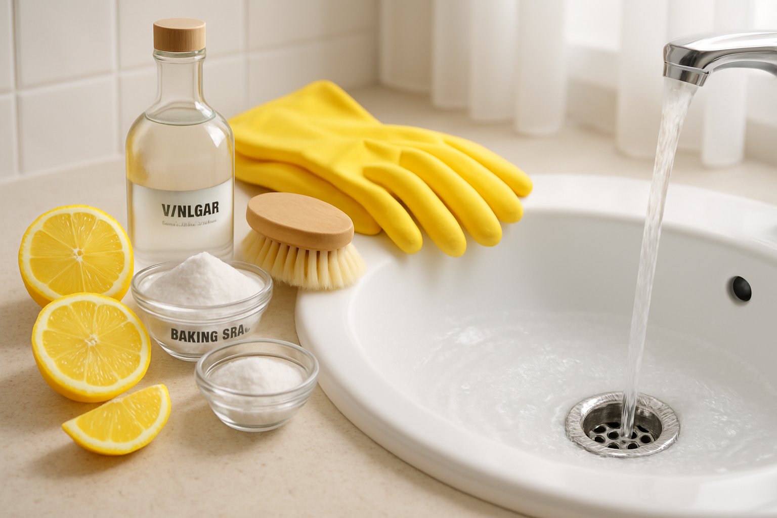 A clean bathroom sink drain with natural cleaning ingredients like vinegar, baking soda, lemon, and salt arranged nearby, along with rubber gloves and a brush.