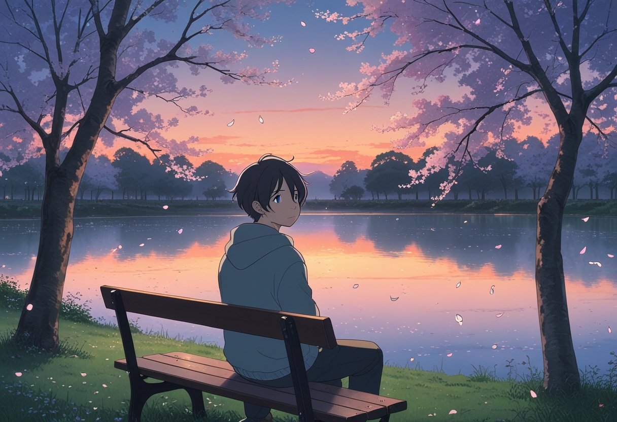 Pessoa sentada em um banco de parque tranquilo ao entardecer, cercada por árvores de flores de cerejeira e um lago calmo ao fundo.