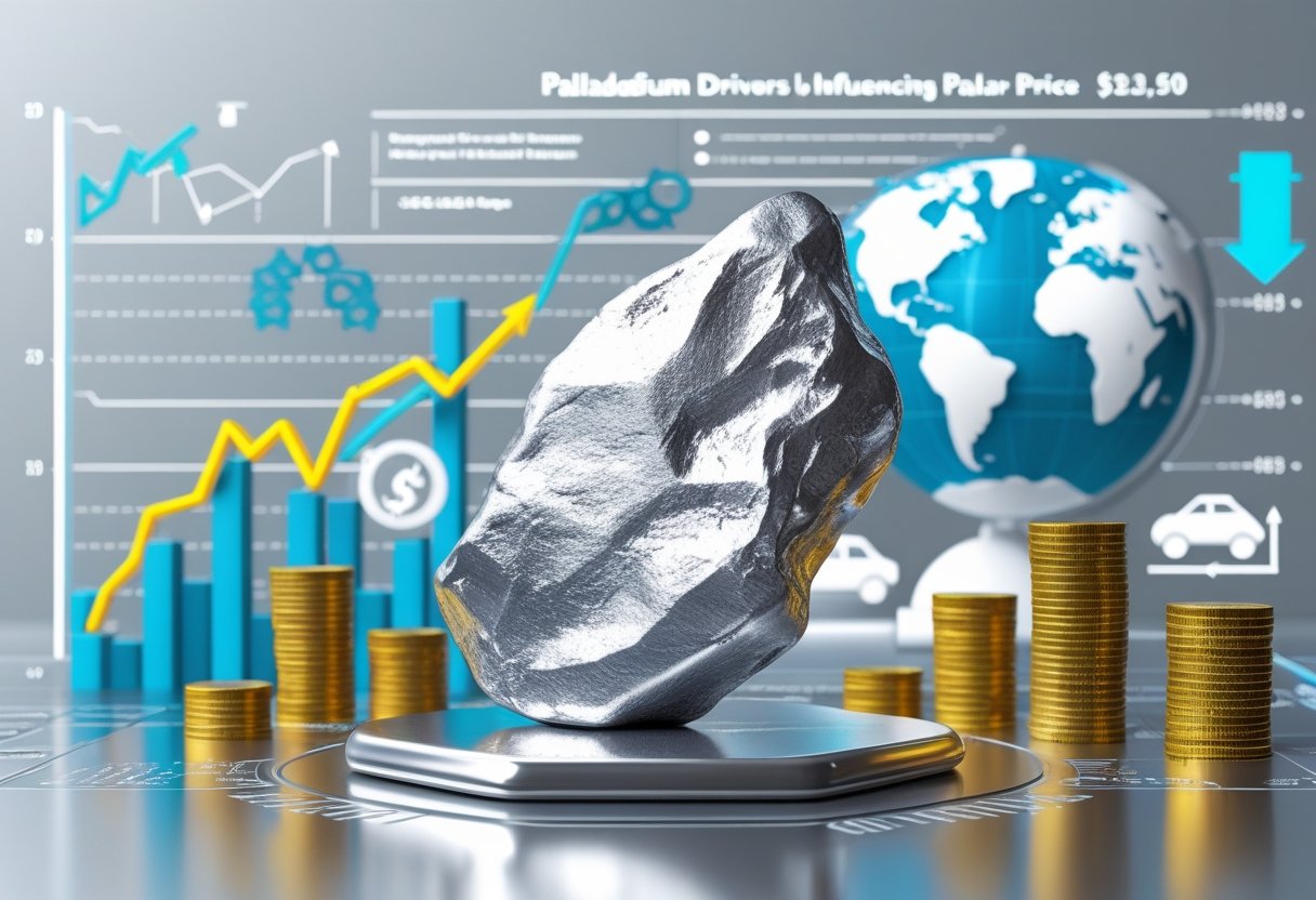 A detailed scene showing a palladium metal piece surrounded by symbols of stock market graphs, automotive catalytic converters, mining regions on a globe, coins, and a supply-demand balance scale.