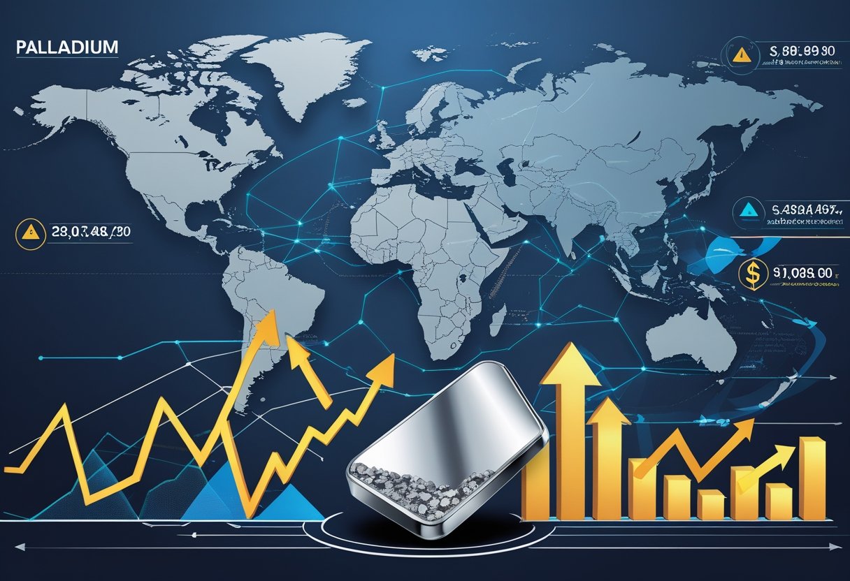 A world map with highlighted regions and a shiny palladium metal piece in front, surrounded by charts and symbols representing global economic and geopolitical influences.