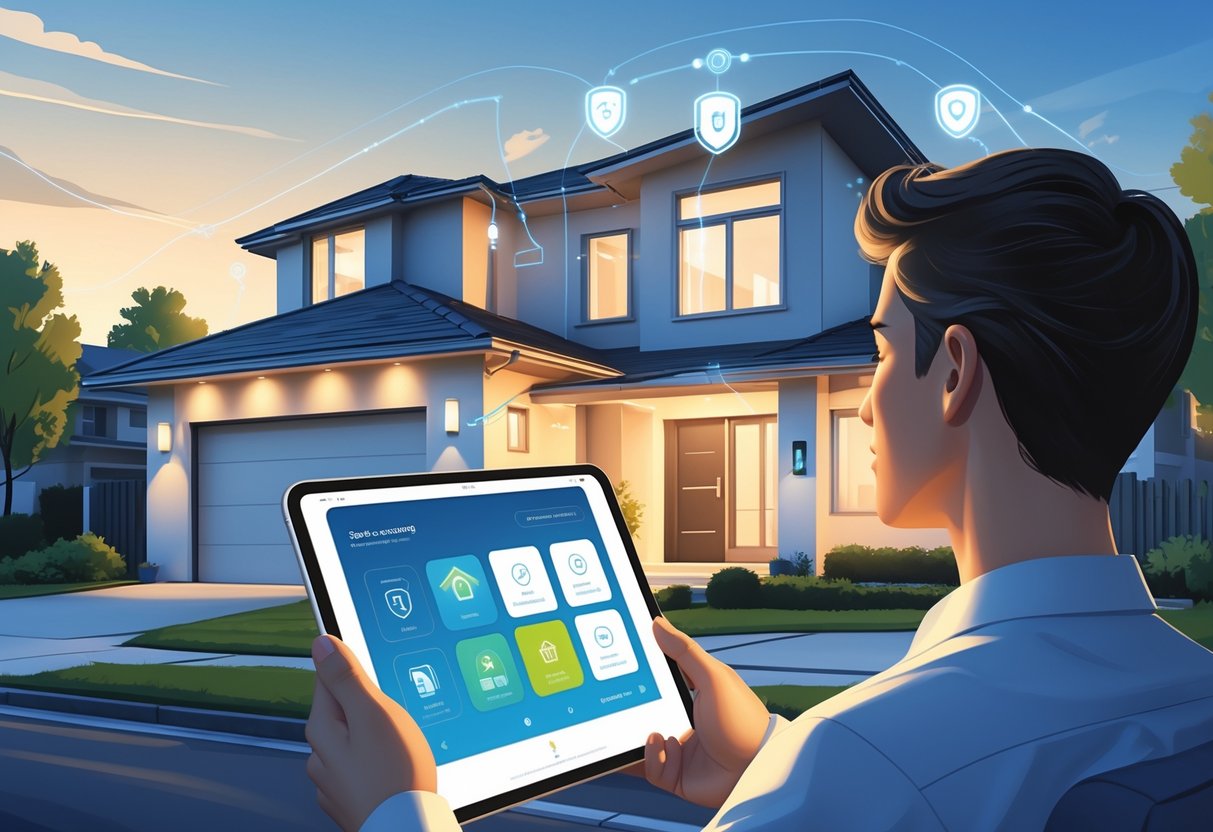 A person using a tablet to control smart security devices around a modern house in a peaceful neighborhood.