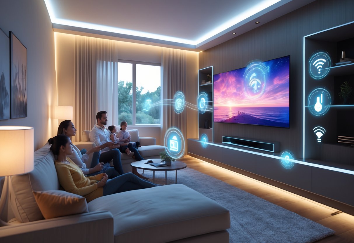 A family relaxing in a living room using a wall-mounted control panel to operate smart home entertainment and lighting systems.