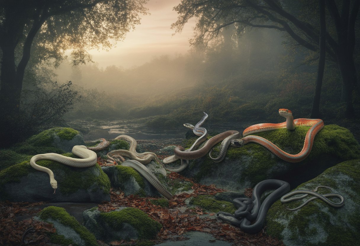 A misty forest at dawn with several snakes of different types moving among mossy rocks and leaves.