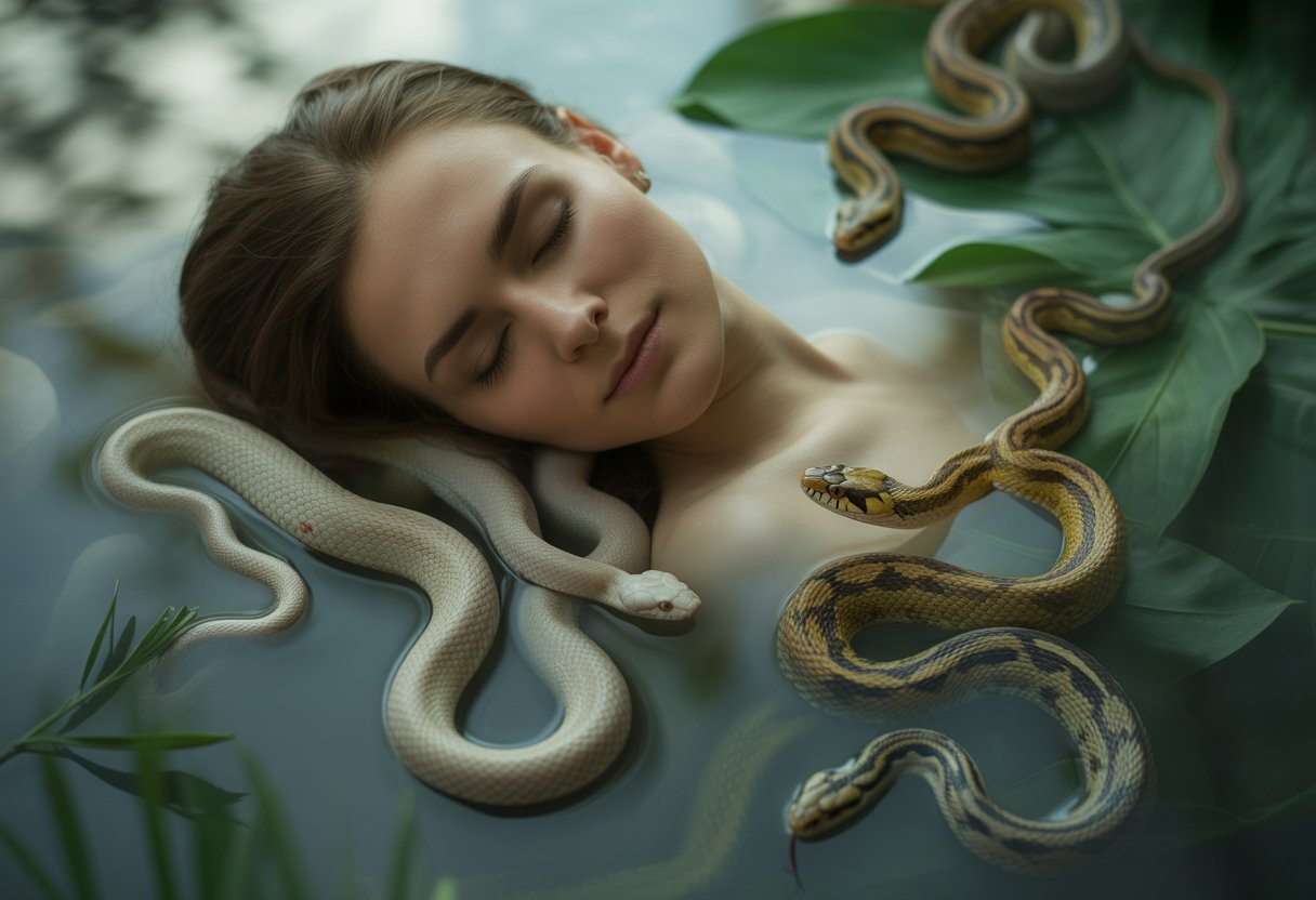 A person sleeping peacefully surrounded by several calm snakes in a misty, natural setting.