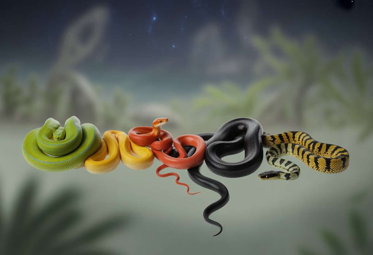 A variety of colorful snakes of different species coiled and slithering on a soft, misty background with faint stars, creating a calm and dream-like scene.