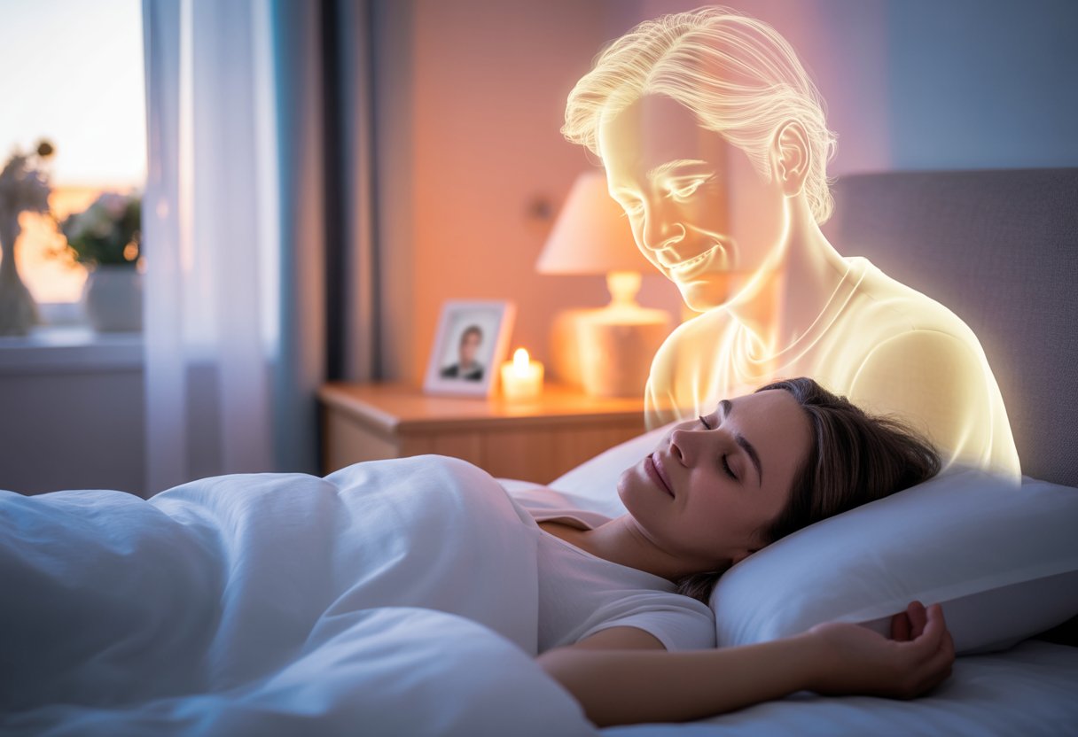 A person sleeping peacefully with a glowing, translucent figure of a loved one appearing above them in a softly lit bedroom.