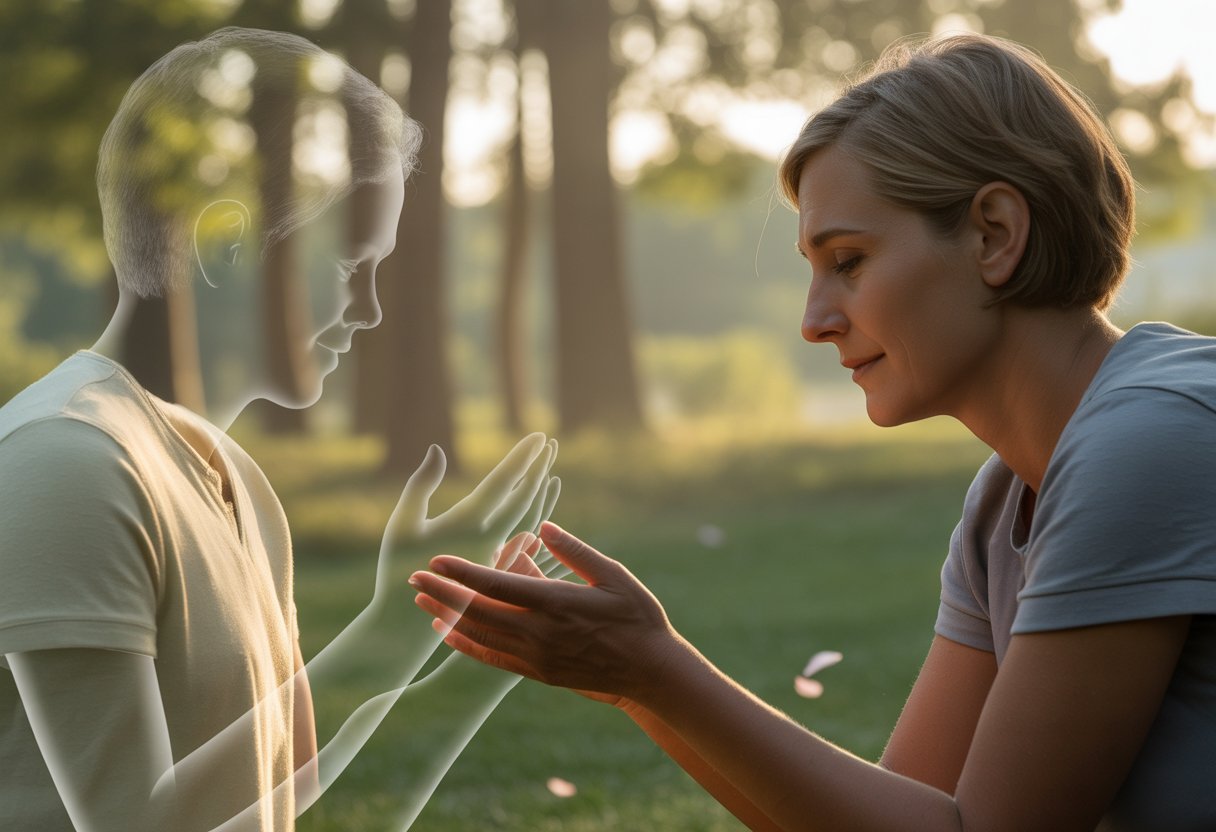 A person reaching out to a glowing, translucent figure of a deceased loved one in a peaceful forest clearing during golden hour.