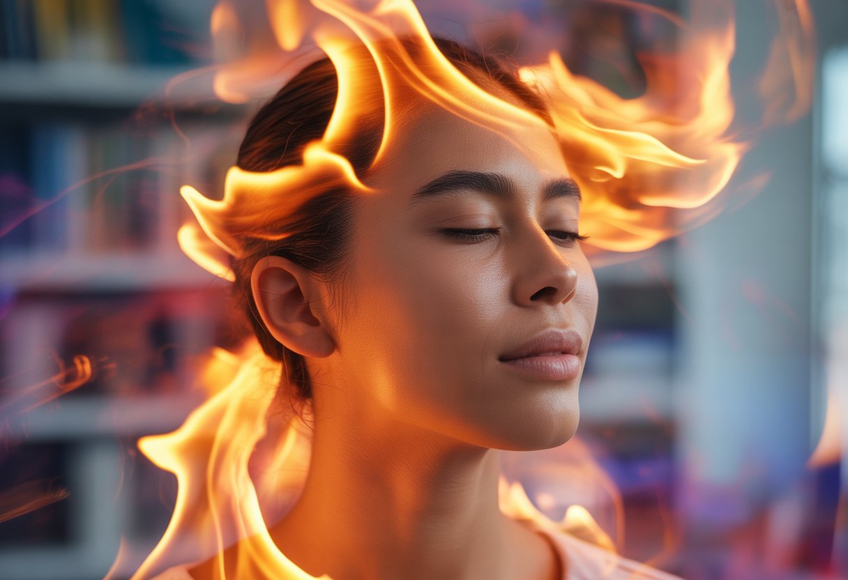 A person with eyes closed surrounded by swirling colorful flames symbolizing creativity and inspiration.