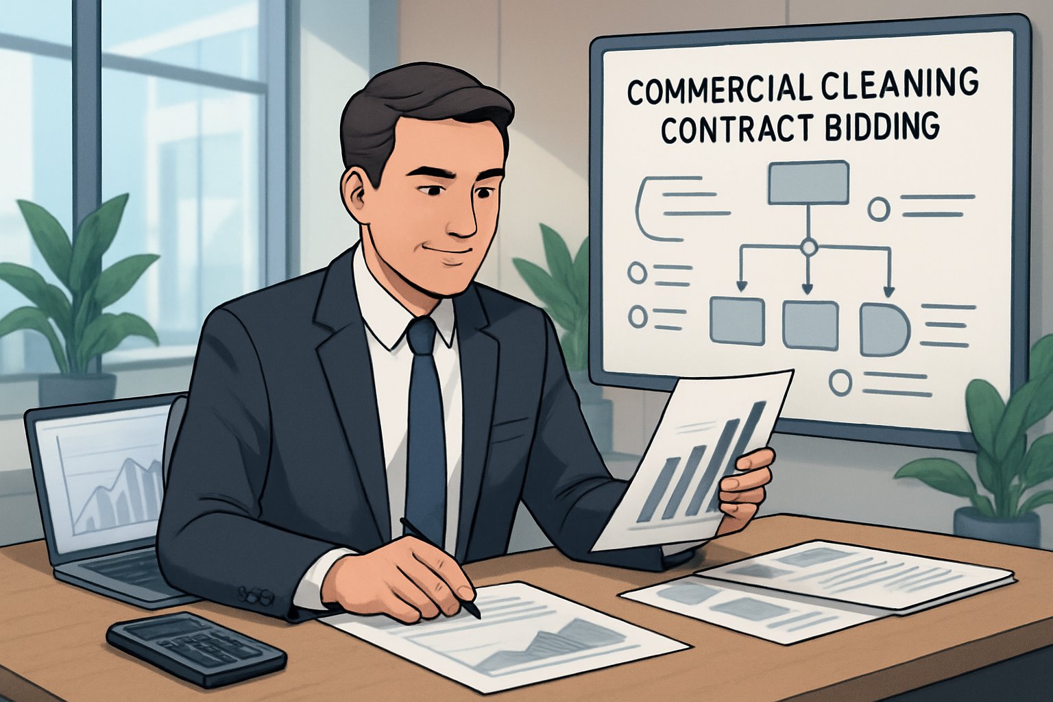 A businessperson reviewing documents and charts about commercial cleaning contracts in a modern office.