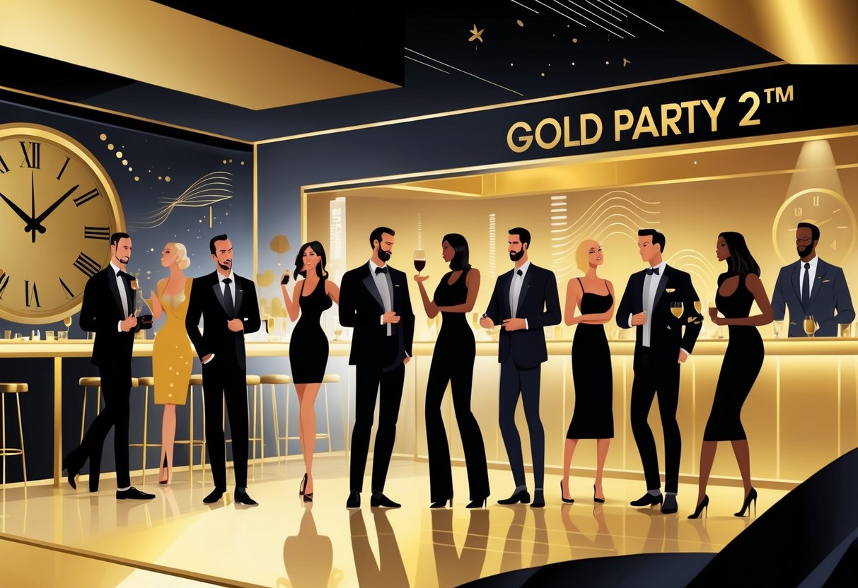 Sekelompok orang sedang merayakan pesta malam di klub dengan lampu keemasan dan suasana mewah.