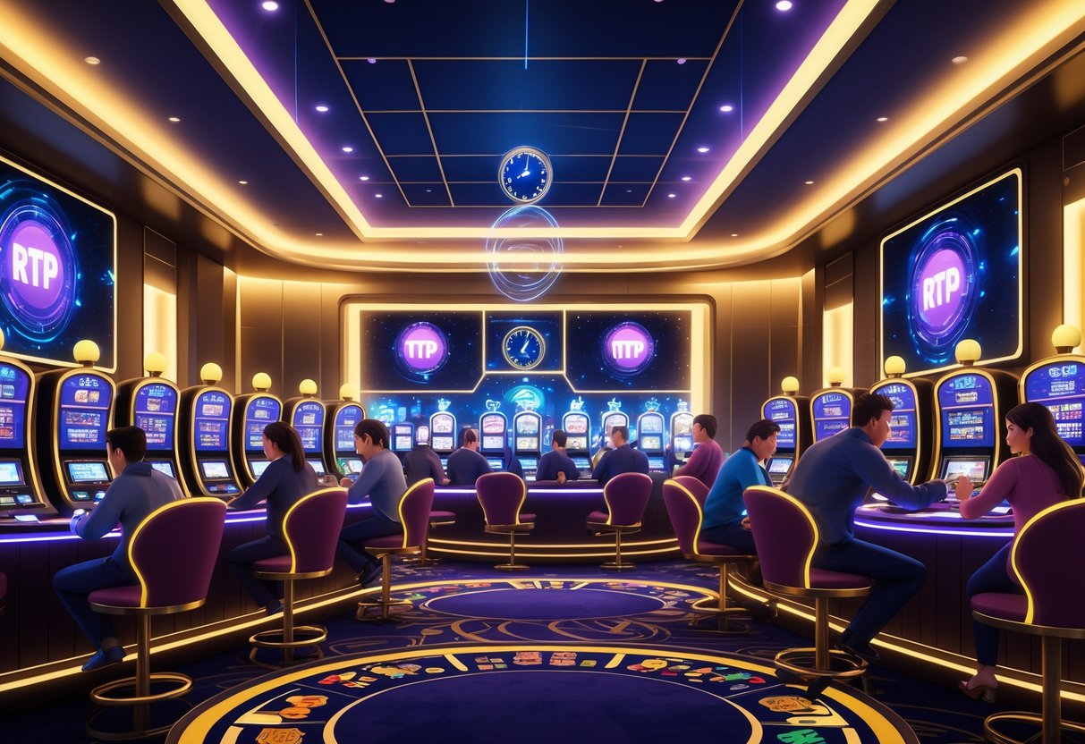 Suasana kasino malam yang ramai dengan pemain yang sedang bermain mesin slot dan meja kartu di dalam ruangan dengan pencahayaan emas dan layar digital di latar belakang.