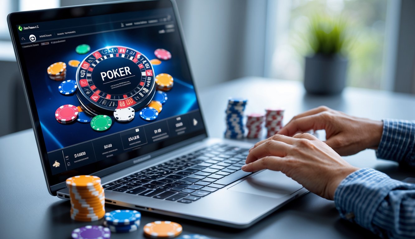 Seseorang bermain poker online di laptop dengan tumpukan chip poker dan kartu di meja.