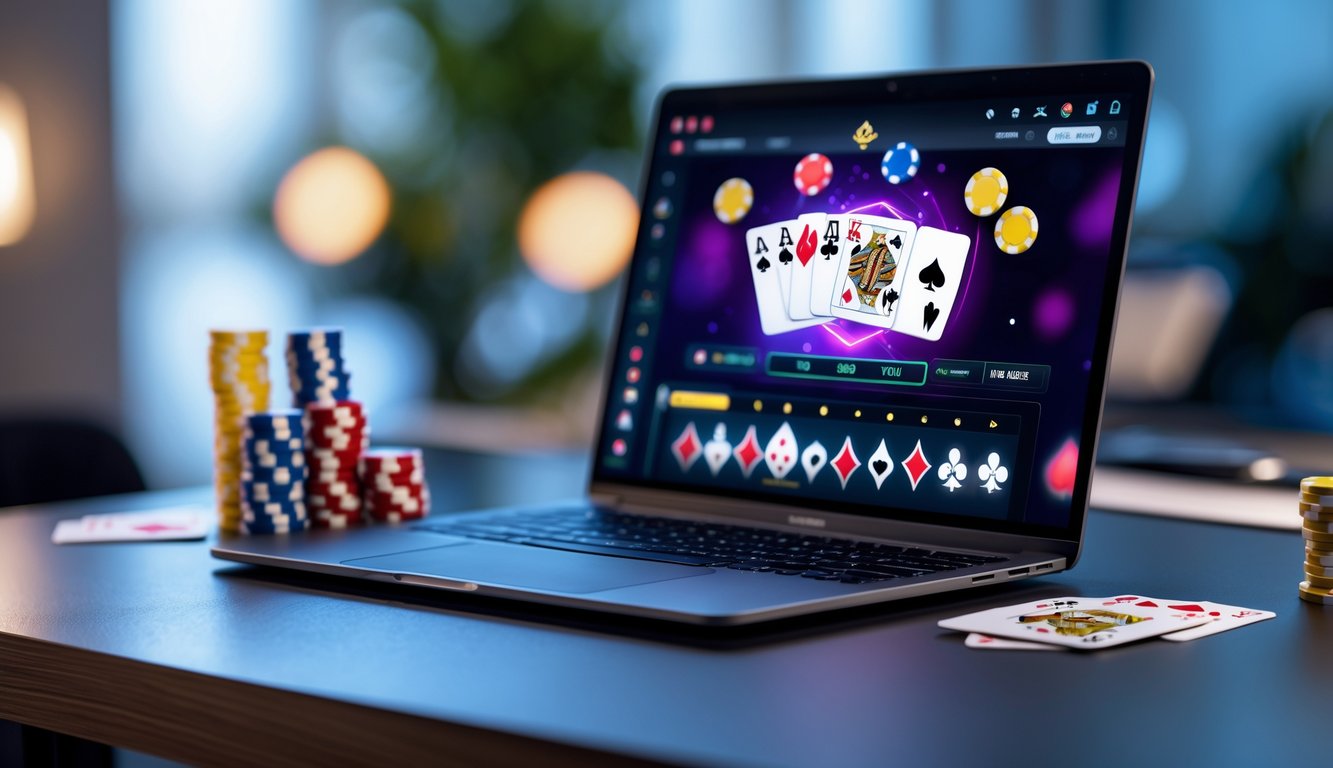 Sebuah meja kerja dengan komputer yang menampilkan permainan poker online dan tumpukan chip poker di sekitarnya.