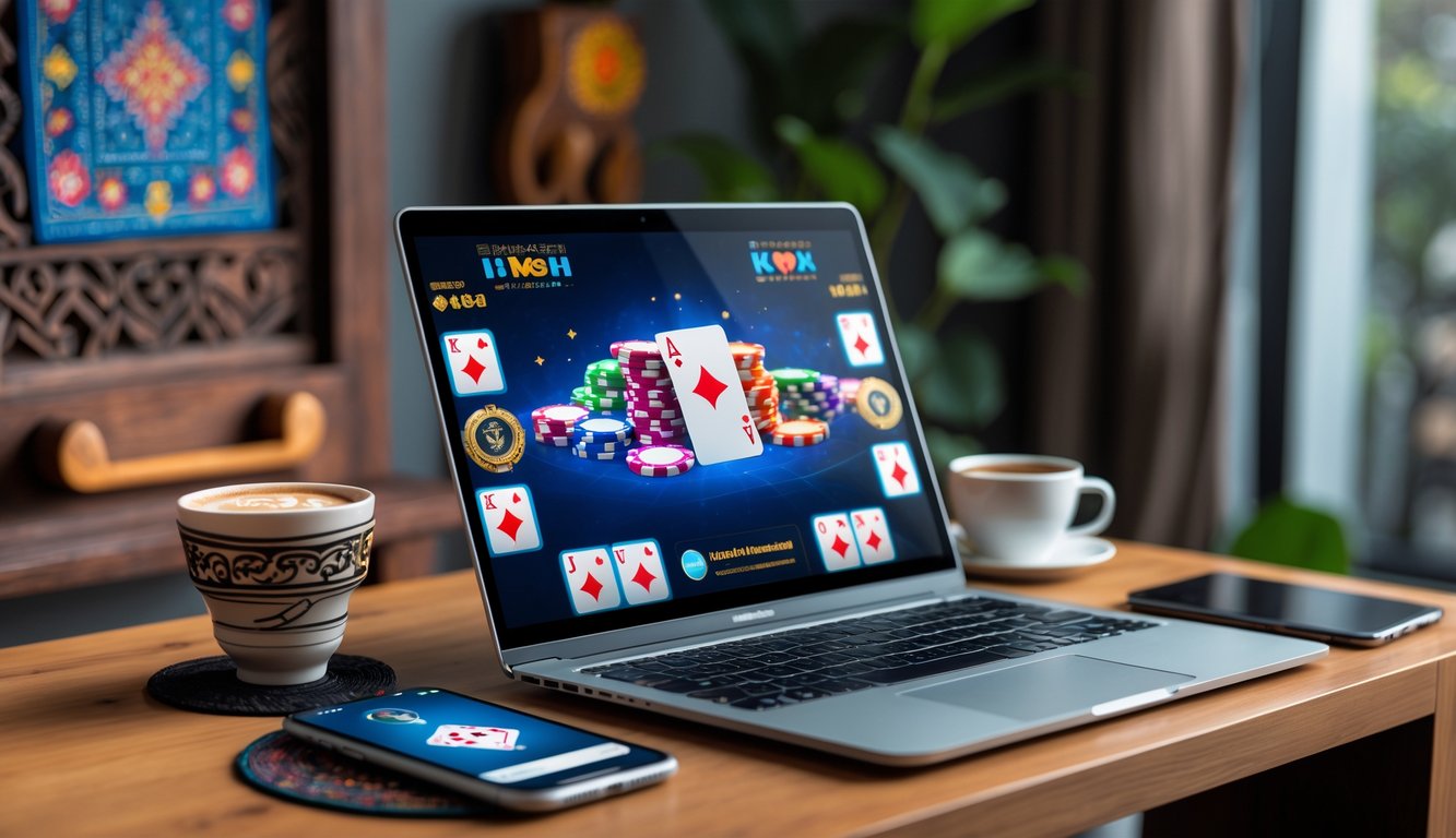 Seorang pemain duduk di depan laptop dengan permainan poker online di layar, di meja terdapat kopi dan ponsel, dengan hiasan tradisional Indonesia di latar belakang.