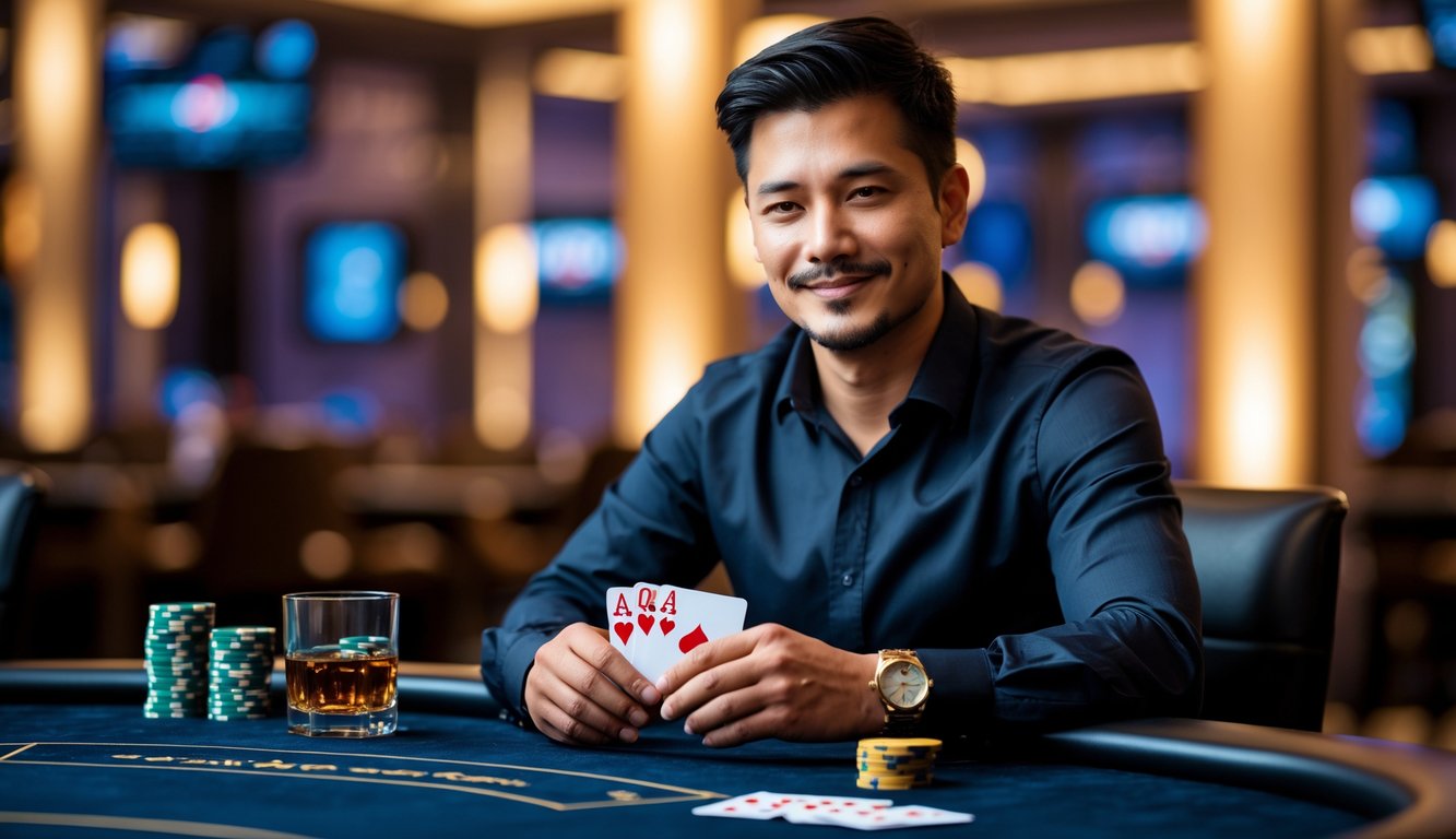 Seorang pria duduk di meja poker dengan kartu dan tumpukan chip, terlihat fokus dan percaya diri.
