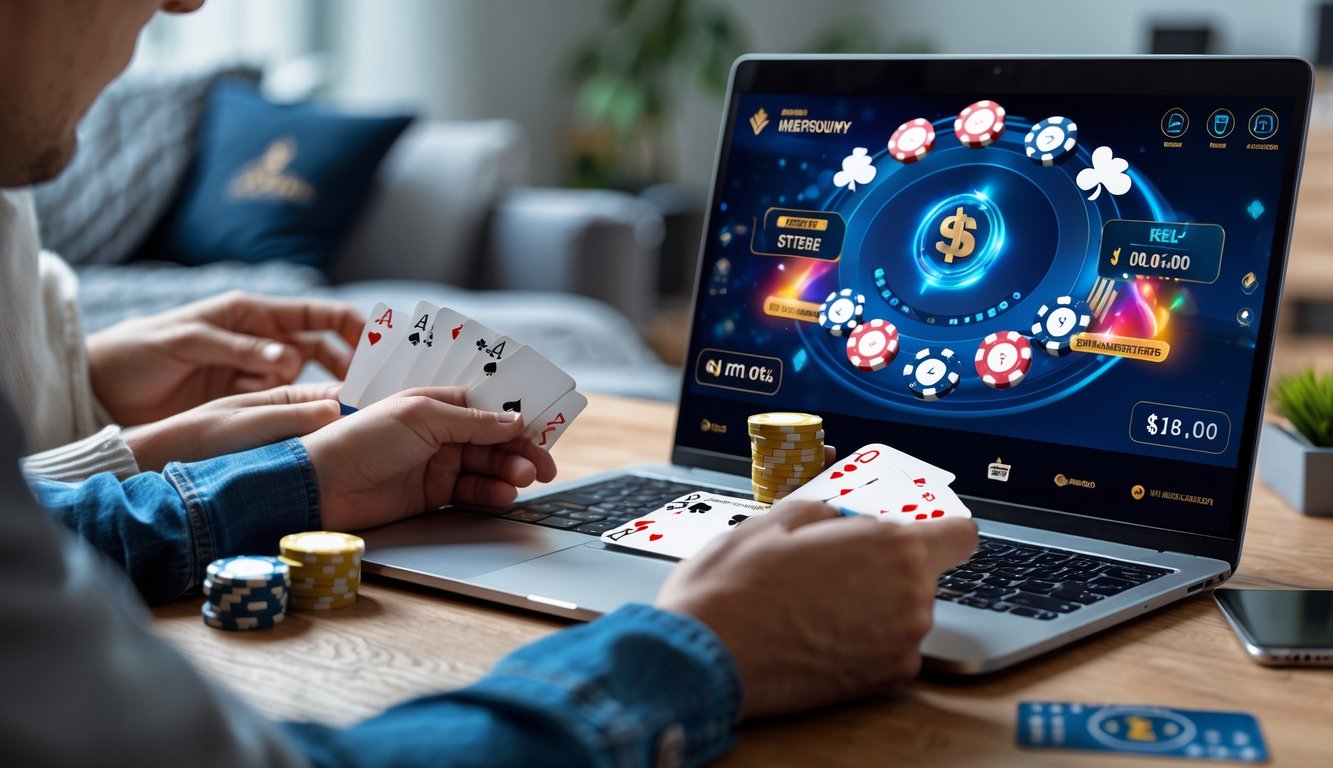 Orang-orang bermain poker online dengan uang asli menggunakan komputer dan chip poker di meja virtual.