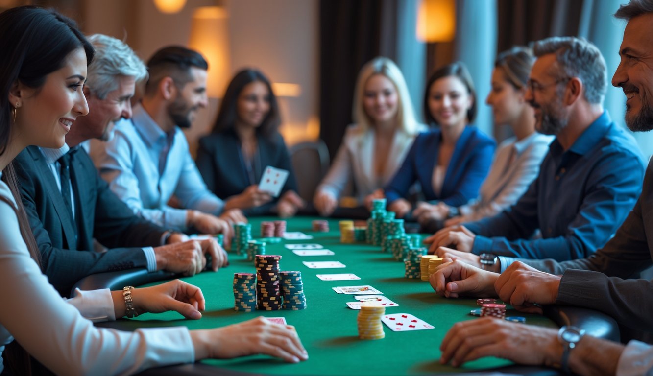 Meja poker dengan chip dan kartu, pemain yang fokus bermain poker.
