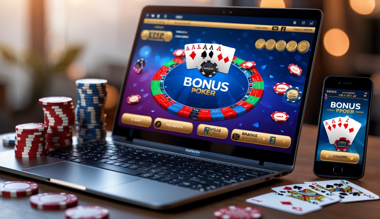 Sebuah laptop dan ponsel menampilkan permainan poker online dengan kartu dan chip poker di atas meja.