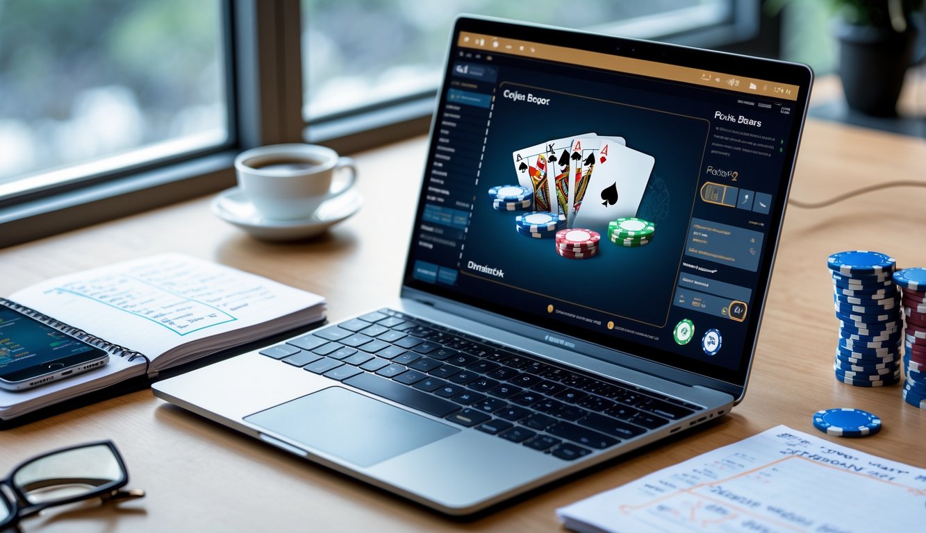 Seorang pria sedang menggunakan laptop dengan permainan poker online di layar, di meja terdapat tumpukan chip poker, smartphone, dan buku catatan strategi.