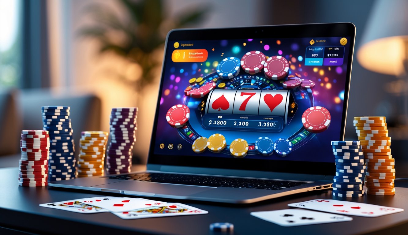Seorang pemain poker online dengan laptop menampilkan permainan poker dan tumpukan chip di meja, menunjukkan suasana kemenangan jackpot besar.