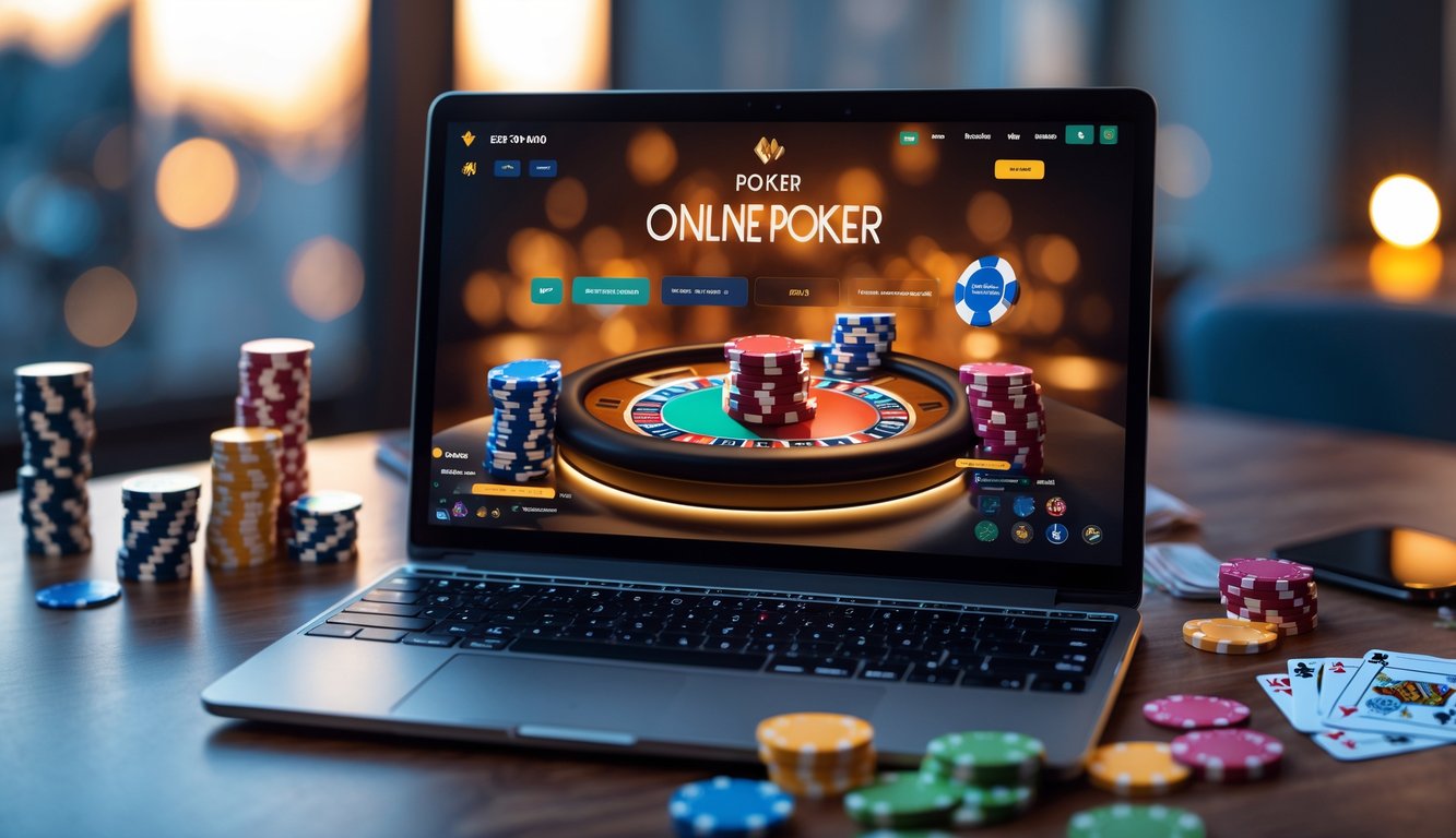 Seseorang bermain poker online di depan laptop dengan tumpukan chip dan kartu di meja.